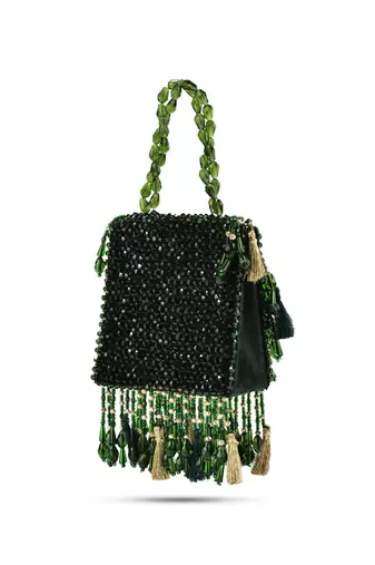 Green suede handbag with crystal work detailing
