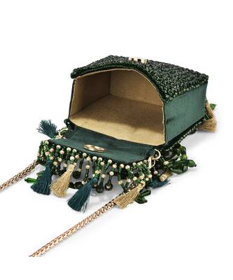 Green suede handbag with crystal work detailing 5