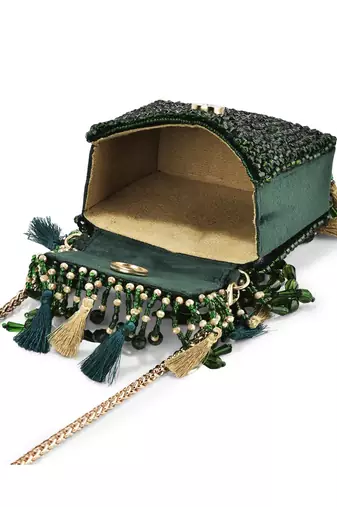 Green suede handbag with crystal work detailing