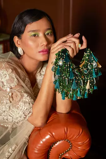 Green velvet embroidered handbag