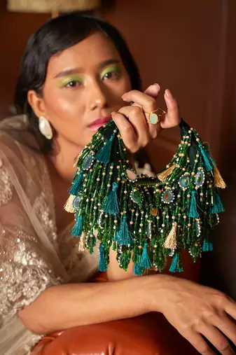 Green velvet embroidered handbag