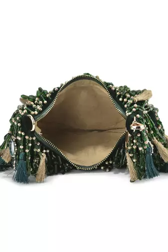 Green velvet embroidered handbag