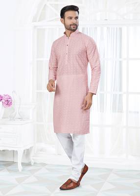 Pink cotton with lucknowi work kurta payjama for mens wear 2