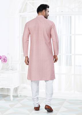 Pink cotton with lucknowi work kurta payjama for mens wear 3