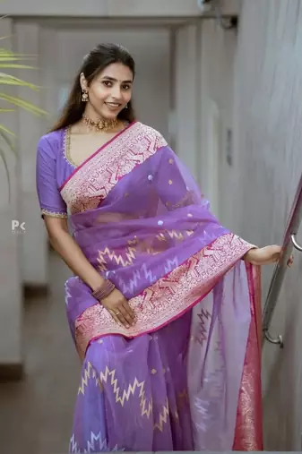 Purple cotton silk blend saree with blouse
