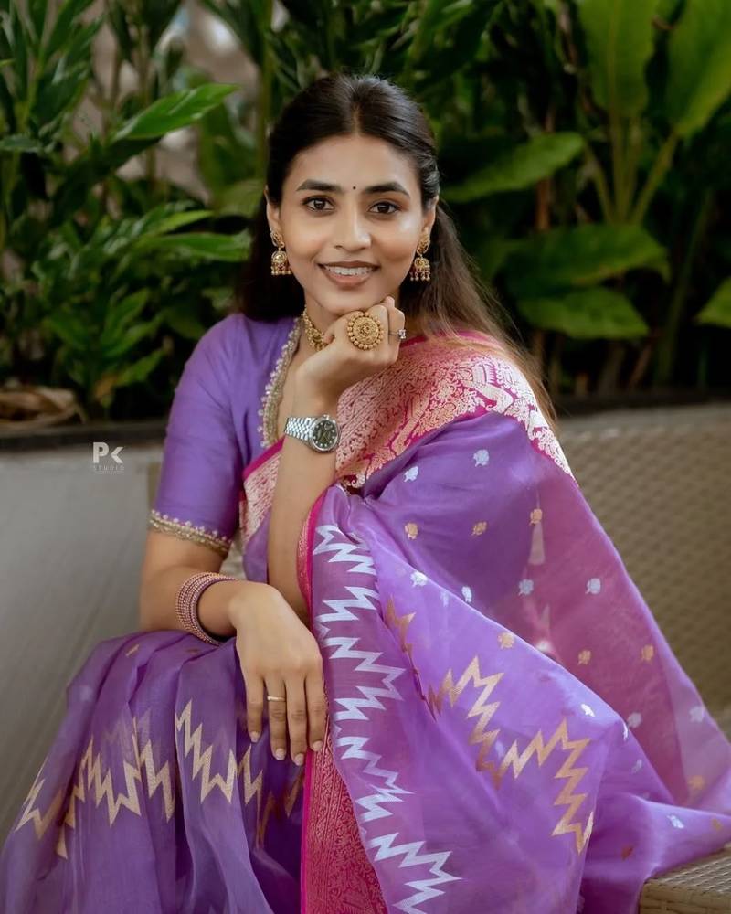 Purple cotton silk blend saree with blouse