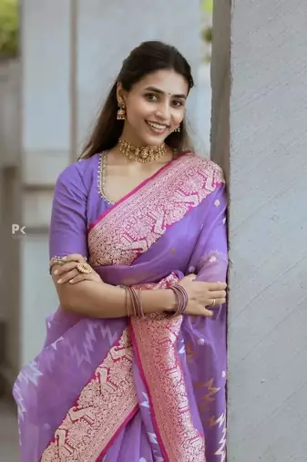 Purple cotton silk blend saree with blouse