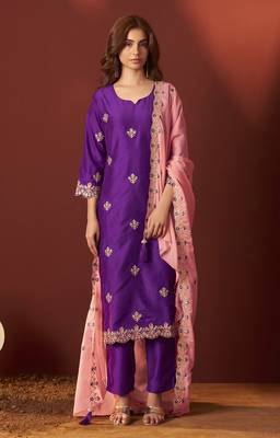 Purple chinnon embroidered kurta set with dupatta for women 1