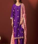 Purple chinnon embroidered kurta set with dupatta for women