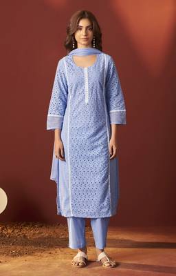 Sky blue pure cotton schiffly kurta set with dupatta for women 1