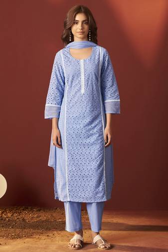Sky blue pure cotton schiffly kurta set with dupatta for women