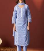 Sky blue pure cotton schiffly kurta set with dupatta for women