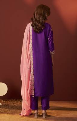 Purple chinnon embroidered kurta set with dupatta for women 2