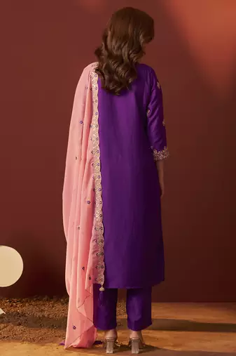 Purple chinnon embroidered kurta set with dupatta for women