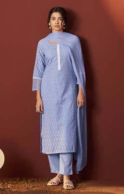 Sky blue pure cotton schiffly work kurta set with dupatta for women 1