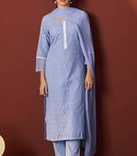 Sky blue pure cotton schiffly work kurta set with dupatta for women