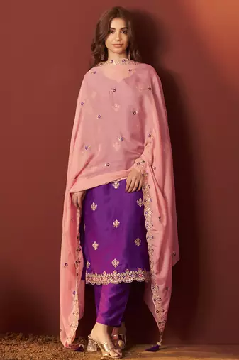 Purple chinnon embroidered kurta set with dupatta for women