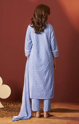 Sky blue pure cotton schiffly kurta set with dupatta for women 2