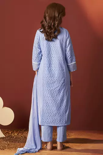 Sky blue pure cotton schiffly kurta set with dupatta for women