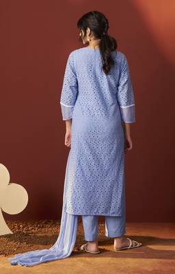 Sky blue pure cotton schiffly work kurta set with dupatta for women 2