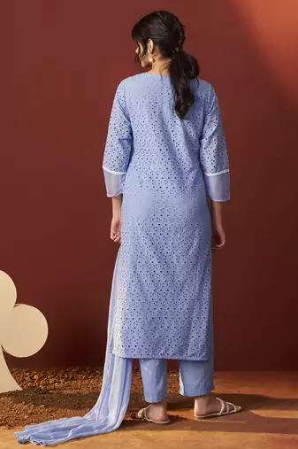 Sky blue pure cotton schiffly work kurta set with dupatta for women