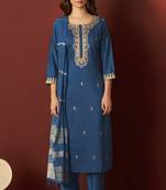Blue chinon embroidered kurta set with dupatta for women