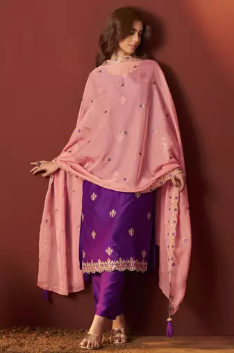 Purple chinnon embroidered kurta set with dupatta for women