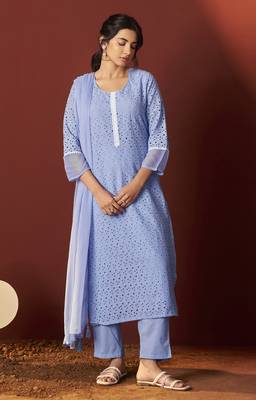 Sky blue pure cotton schiffly work kurta set with dupatta for women 3