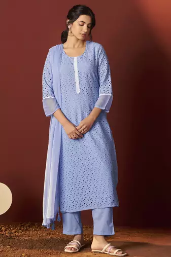 Sky blue pure cotton schiffly work kurta set with dupatta for women