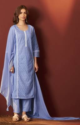 Sky blue pure cotton schiffly kurta set with dupatta for women 3