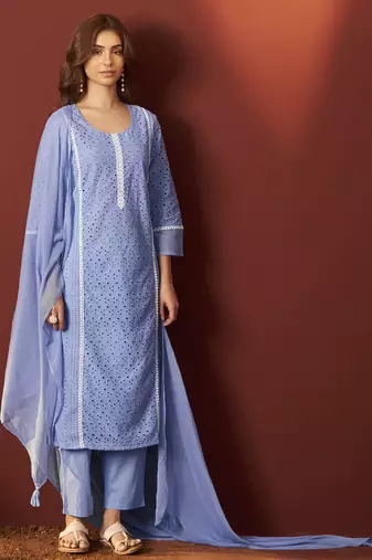 Sky blue pure cotton schiffly kurta set with dupatta for women