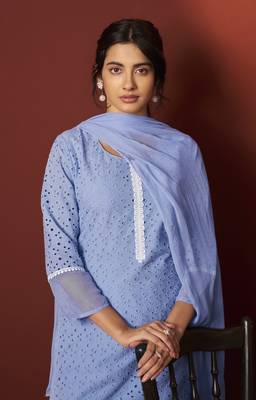 Sky blue pure cotton schiffly work kurta set with dupatta for women 4