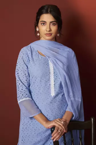 Sky blue pure cotton schiffly work kurta set with dupatta for women