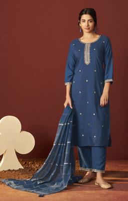 Blue chinnon embroidered kurta set with dupatta for women 1
