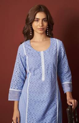 Sky blue pure cotton schiffly kurta set with dupatta for women 4