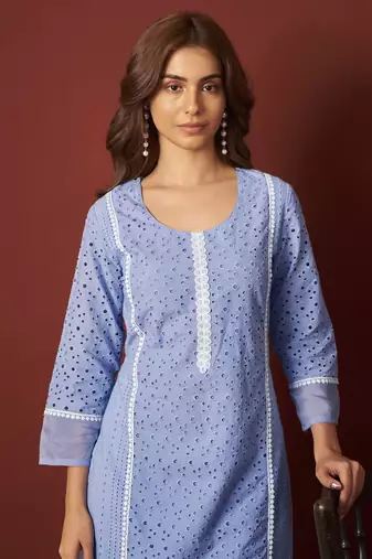 Sky blue pure cotton schiffly kurta set with dupatta for women