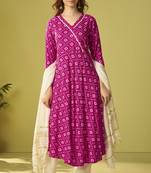 Pink viscose rayon printed anarkali kurta set with dupatta for women
