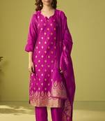 Dark pink silk blend jacquard zari work kurta set with dupatta for women
