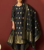 Black silk blend jacquard zari work kurta set with dupatta for women