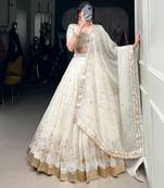 White Embroidered Semi Stitched Lehenga Choli for Women