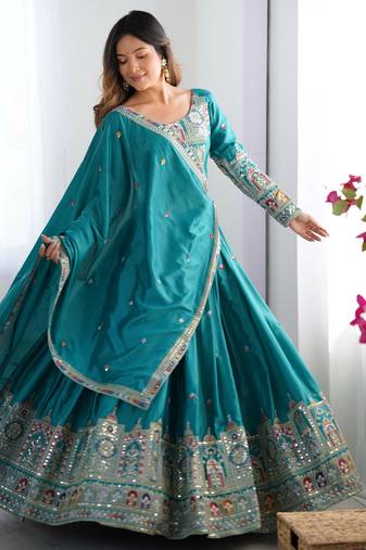Rama sequin Silk Lehenga with Embroidered Blouse and Dupatta