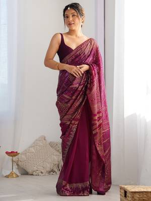 purple Georgette sequin saree With Blouse 1