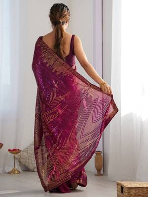 purple Georgette sequin saree With Blouse 2