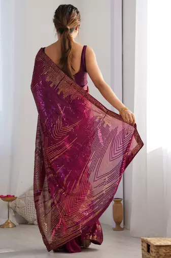 purple Georgette sequin saree With Blouse