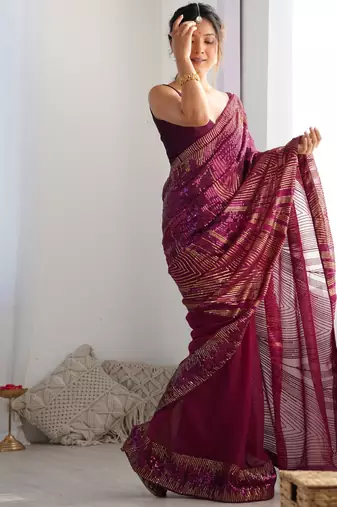 purple Georgette sequin saree With Blouse