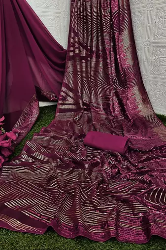 purple Georgette sequin saree With Blouse