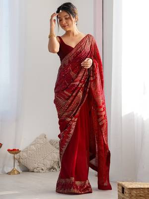 red Georgette sequin saree With Blouse 1