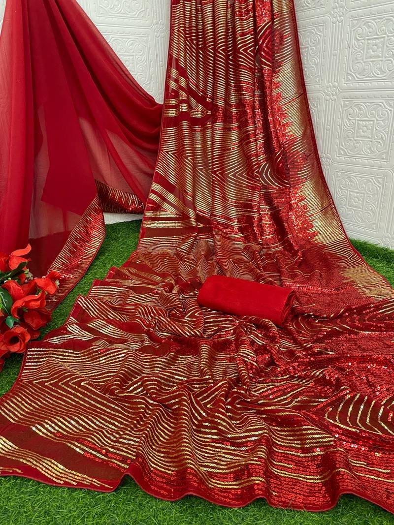red Georgette sequin saree With Blouse