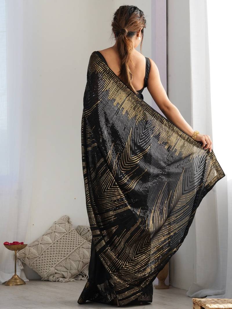 black Georgette sequin saree With Blouse