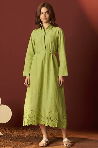 Green pure cotton schiffly embroidered dress for women